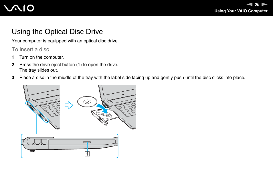 Using the optical disc drive | Sony VGN-FS800 User Manual | Page 30 / 175