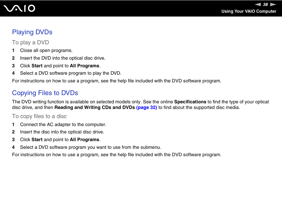 Playing dvds, Copying files to dvds | Sony VGN-FS800 User Manual | Page 38 / 175