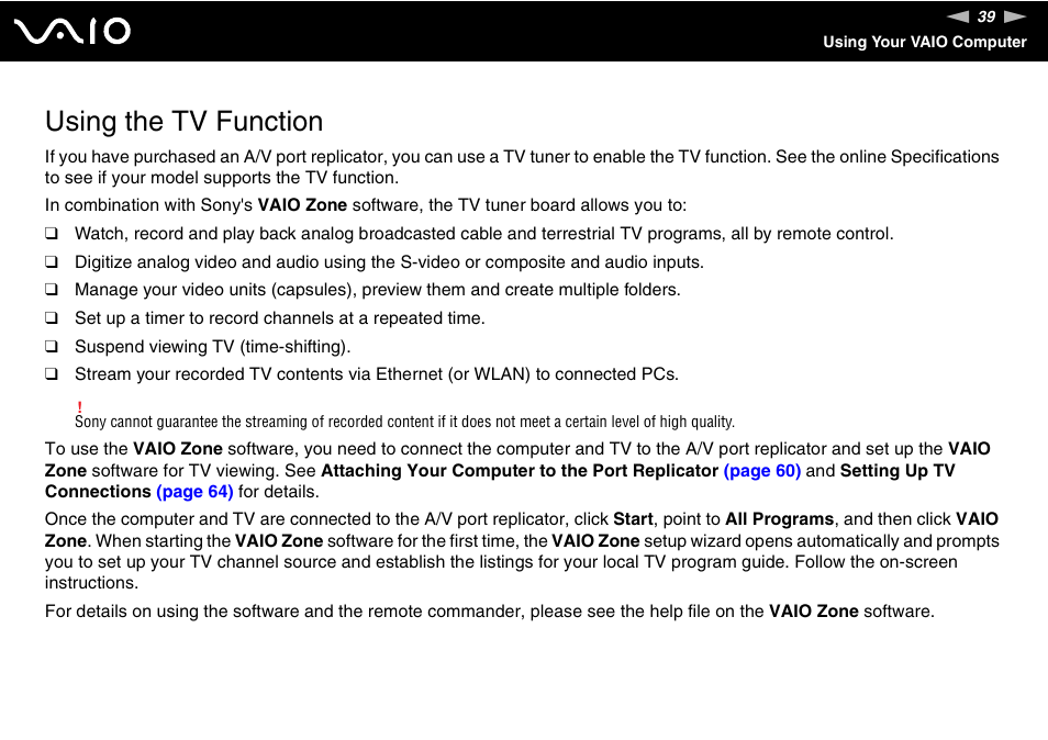 Using the tv function, Tion | Sony VGN-FS800 User Manual | Page 39 / 175