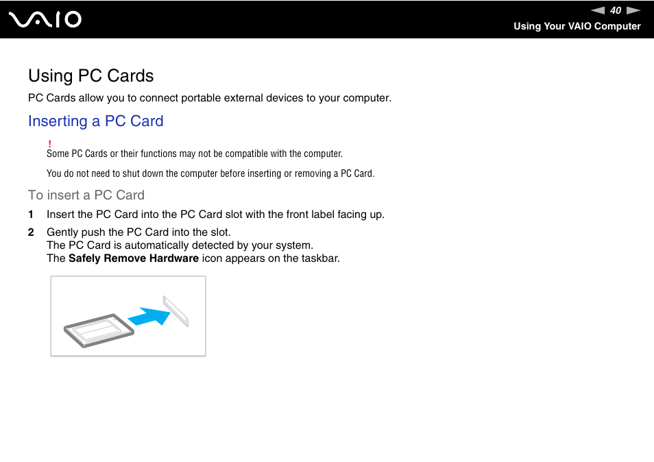 Using pc cards, Inserting a pc card | Sony VGN-FS800 User Manual | Page 40 / 175