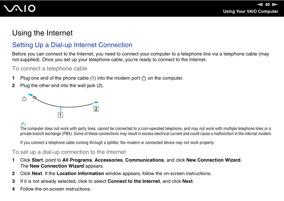 Using the internet, Setting up a dial-up internet connection | Sony VGN-FS800 User Manual | Page 46 / 175