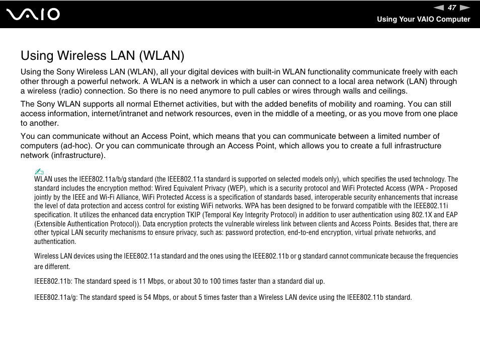 Using wireless lan (wlan) | Sony VGN-FS800 User Manual | Page 47 / 175