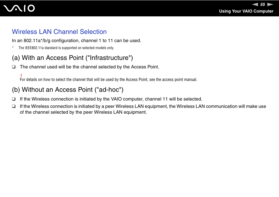 Wireless lan channel selection, A) with an access point ("infrastructure"), B) without an access point ("ad-hoc") | Sony VGN-FS800 User Manual | Page 55 / 175