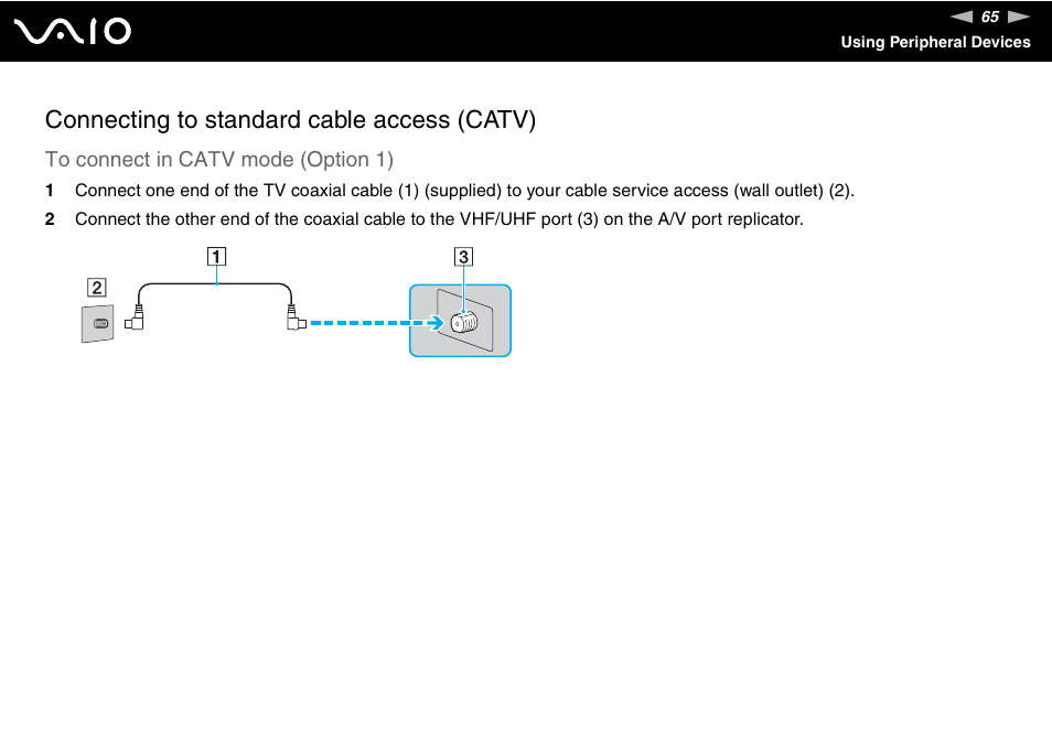 Connecting to standard cable access (catv) | Sony VGN-FS800 User Manual | Page 65 / 175