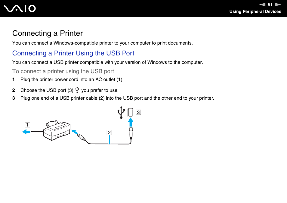 Connecting a printer, Connecting a printer using the usb port | Sony VGN-FS800 User Manual | Page 91 / 175