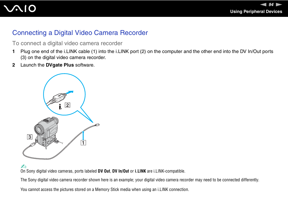 Connecting a digital video camera recorder | Sony VGN-FS800 User Manual | Page 94 / 175