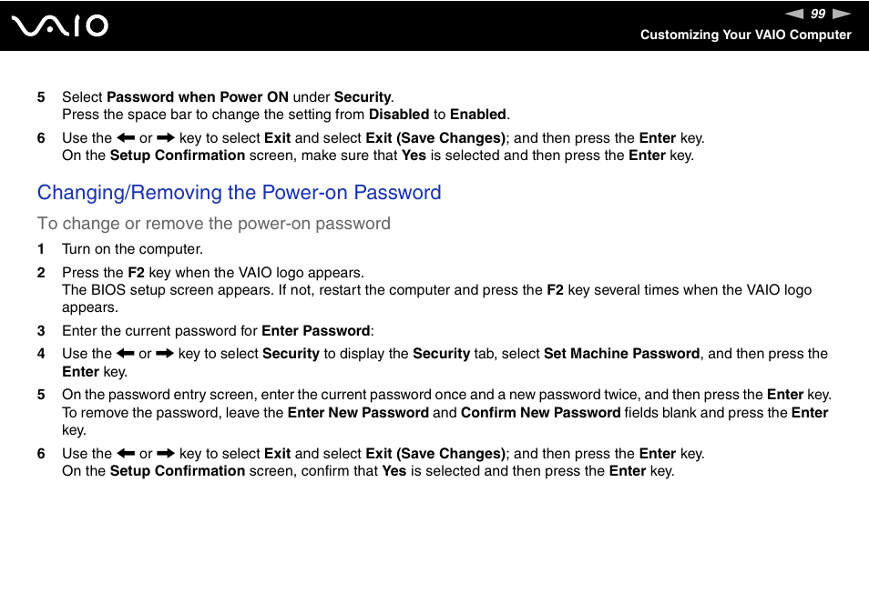 Changing/removing the power-on password | Sony VGN-FS800 User Manual | Page 99 / 175