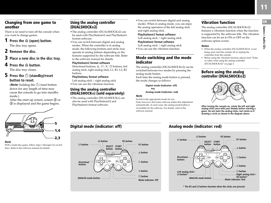 Changing from one game to another, Using the analog controller (dualshock, Mode switching and the mode indicator | Vibration function, Before using the analog controller (dualshock | Sony SCPH-55006 GT User Manual | Page 11 / 56