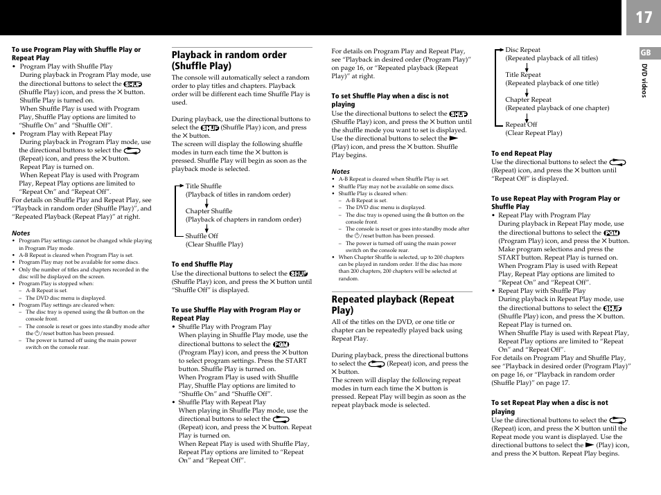 Playback in random order (shuffle play), Repeated playback (repeat play) | Sony SCPH-55006 GT User Manual | Page 17 / 56