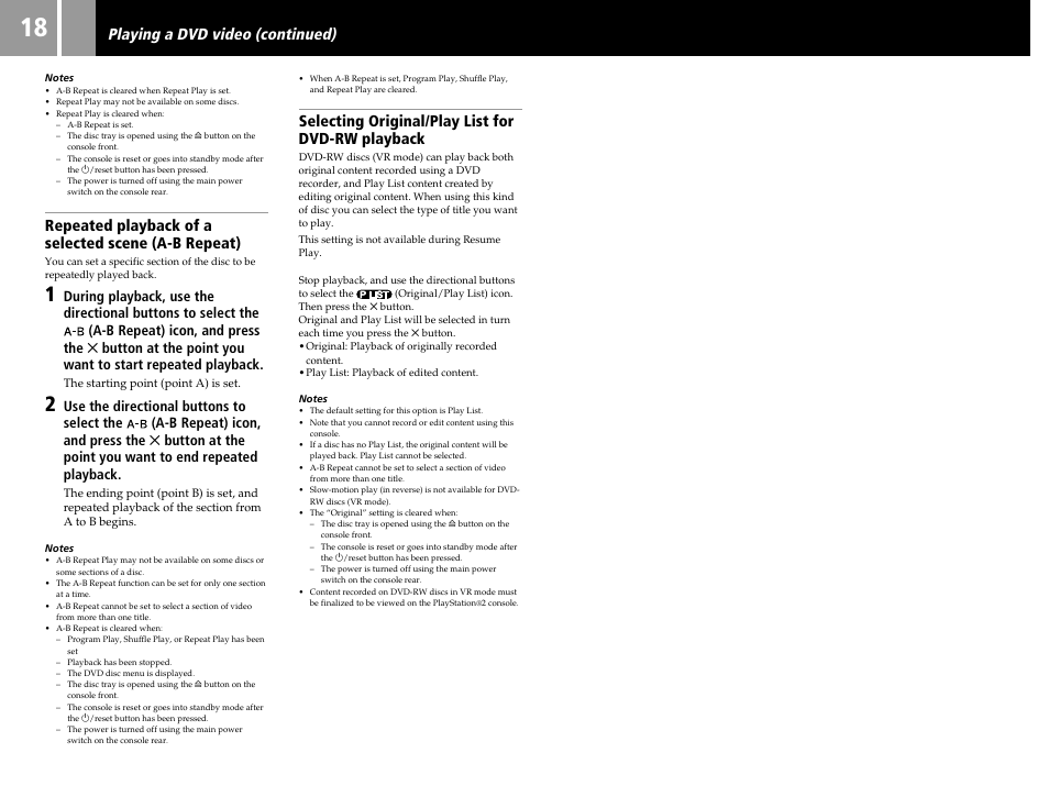 Repeated playback of a selected scene (a-b repeat), Selecting original/play list for dvd-rw playback, Playing a dvd video (continued) | Sony SCPH-55006 GT User Manual | Page 18 / 56