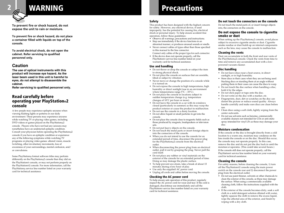 Warning, Precautions, Caution | Read carefully before operating your playstation, 2console | Sony SCPH-55006 GT User Manual | Page 2 / 56