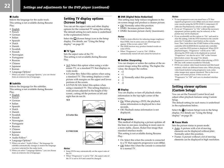 Setting tv display options (screen setup), Setting viewer options (custom setup) | Sony SCPH-55006 GT User Manual | Page 22 / 56