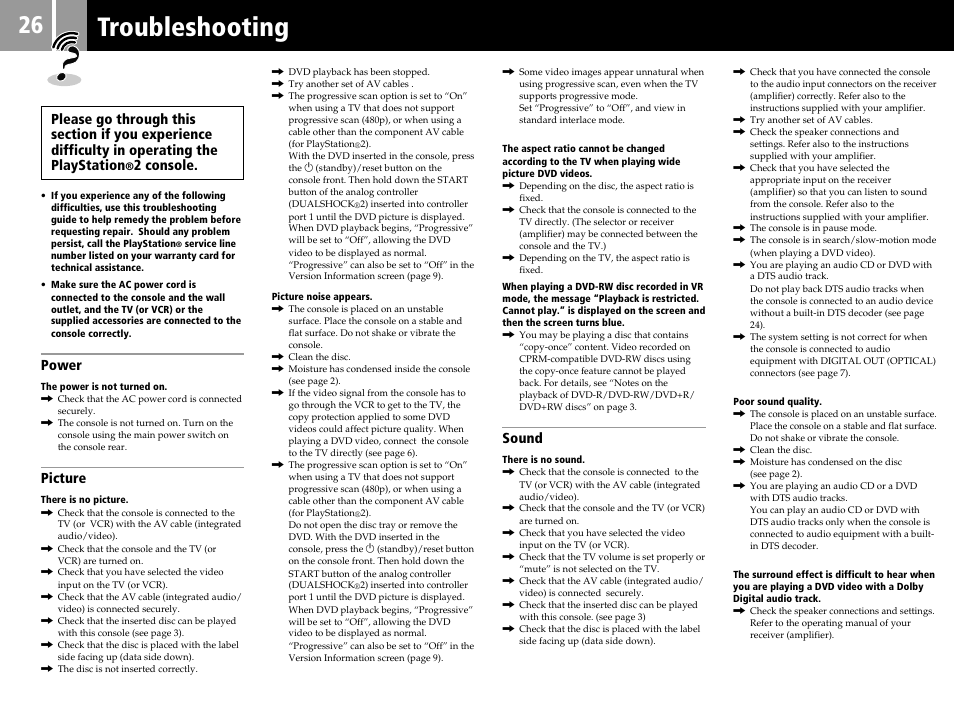 Troubleshooting, 2 console, Power | Picture, Sound | Sony SCPH-55006 GT User Manual | Page 26 / 56