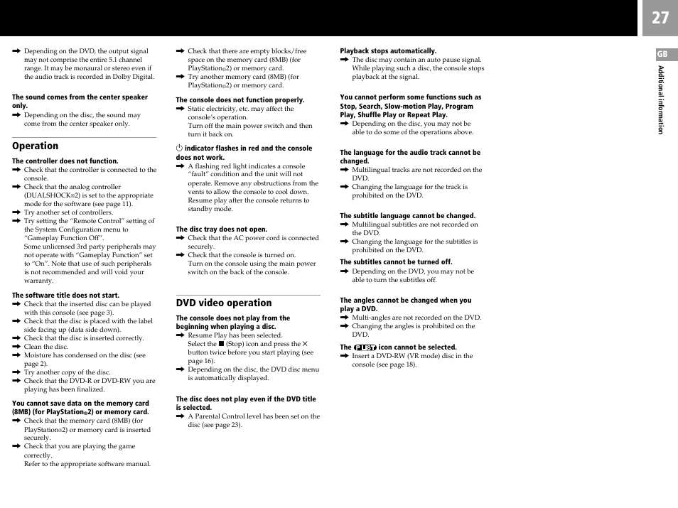 Operation, Dvd video operation | Sony SCPH-55006 GT User Manual | Page 27 / 56