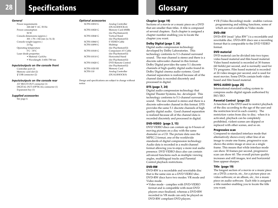 Glossary, Specifications | Sony SCPH-55006 GT User Manual | Page 28 / 56