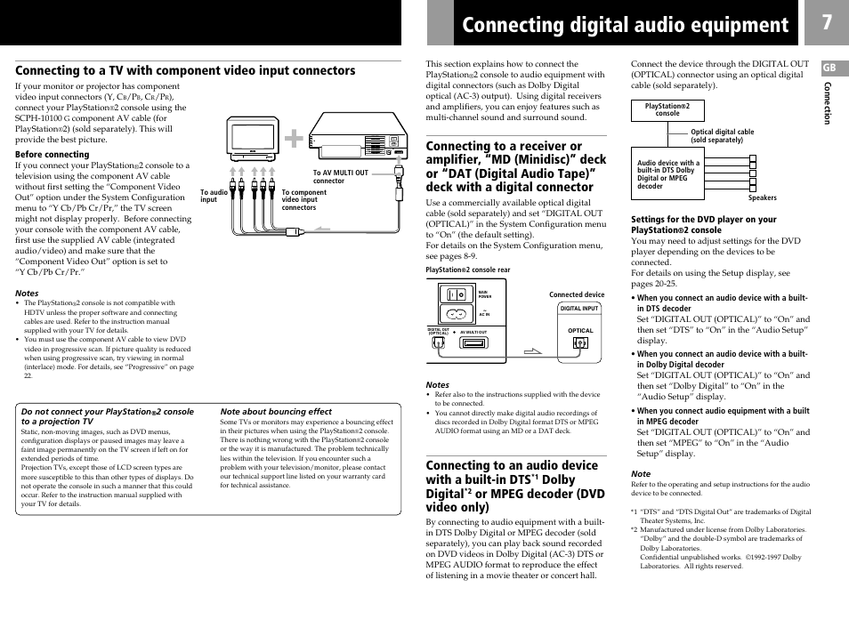 Connecting digital audio equipment, Connecting to an audio device with a built-in dts, Dolby digital | Or mpeg decoder (dvd video only) | Sony SCPH-55006 GT User Manual | Page 7 / 56