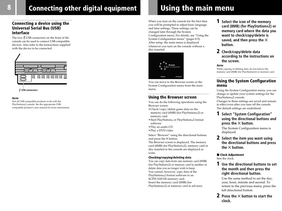 Using the main menu, Connecting other digital equipment | Sony SCPH-55006 GT User Manual | Page 8 / 56