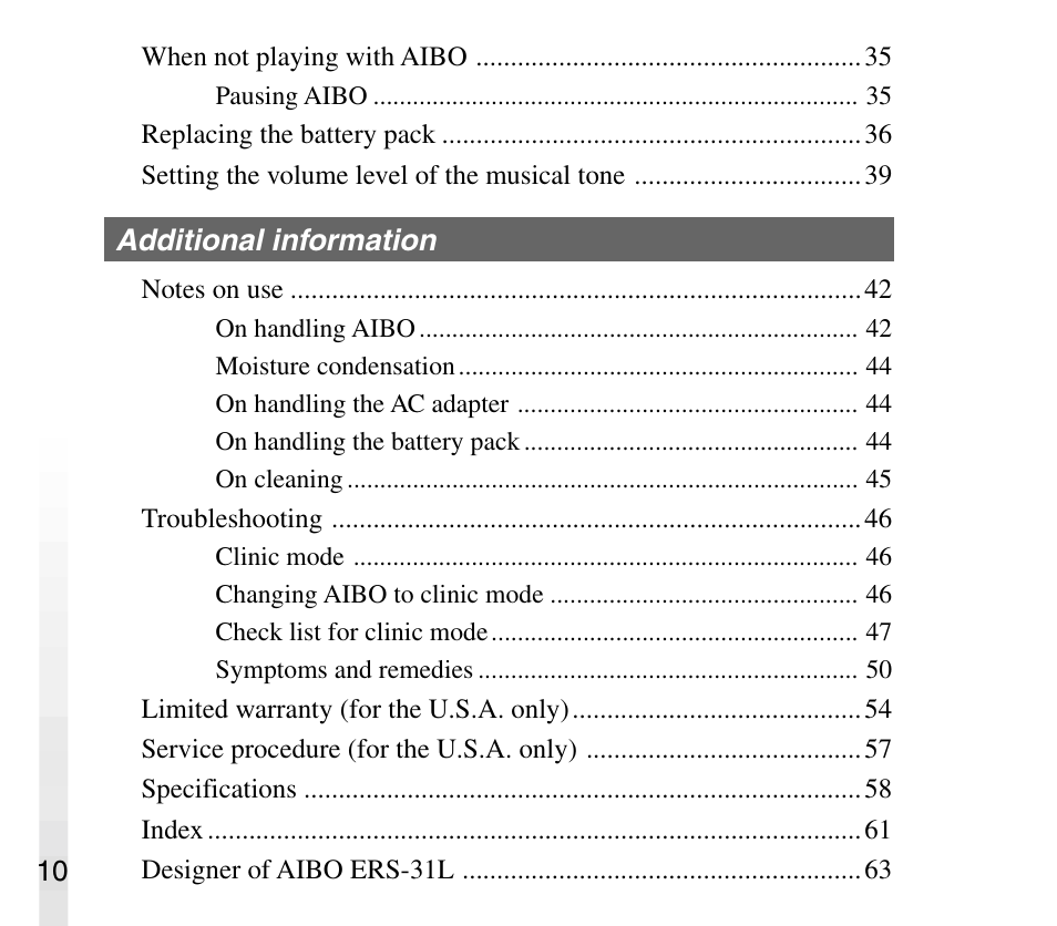 Sony AIBO ERS-31L User Manual | Page 10 / 64