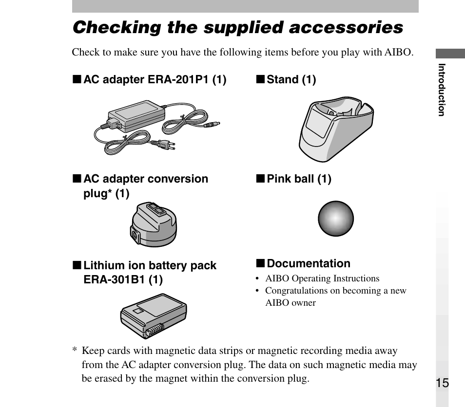 Checking the supplied accessories | Sony AIBO ERS-31L User Manual | Page 15 / 64