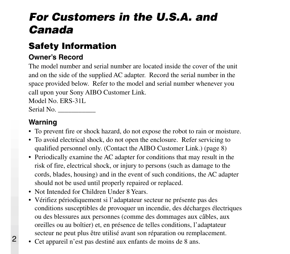 For customers in the u.s.a. and canada, Safety information | Sony AIBO ERS-31L User Manual | Page 2 / 64