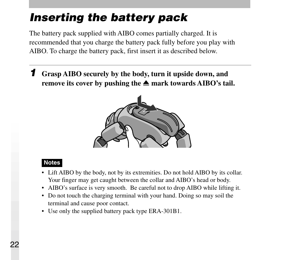 Inserting the battery pack | Sony AIBO ERS-31L User Manual | Page 22 / 64