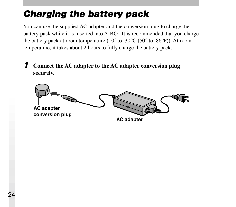 Charging the battery pack | Sony AIBO ERS-31L User Manual | Page 24 / 64