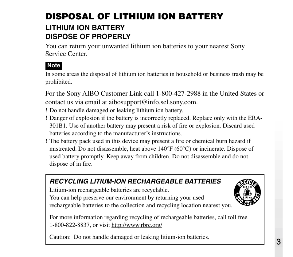 Disposal of lithium ion battery | Sony AIBO ERS-31L User Manual | Page 3 / 64