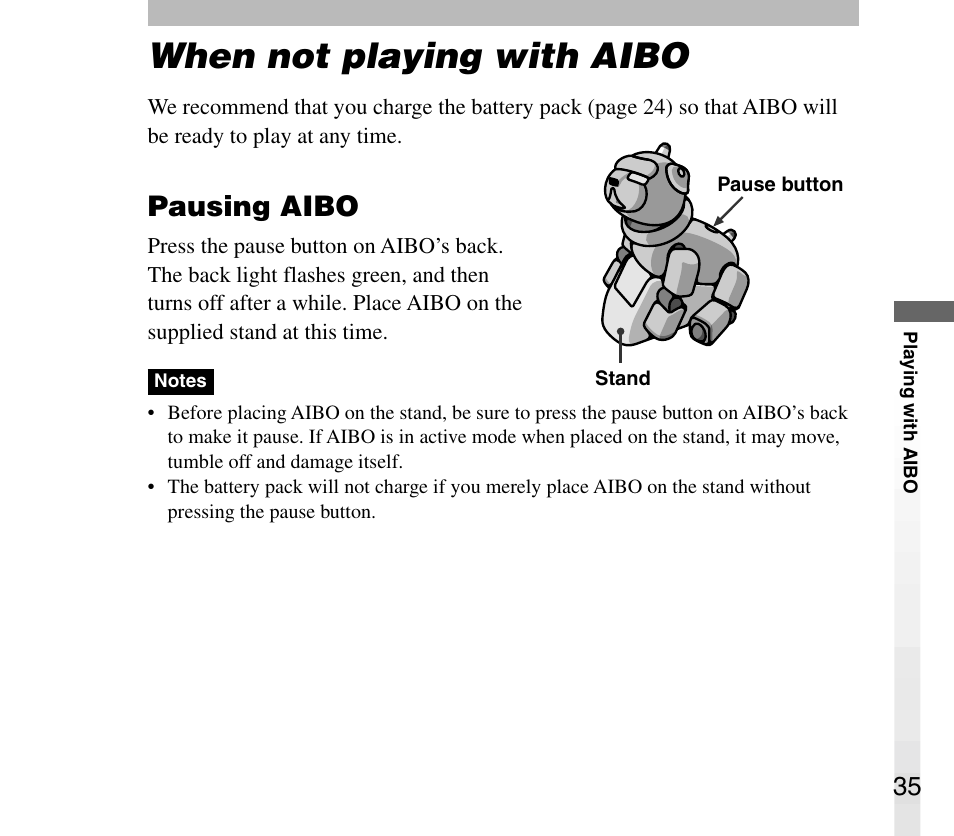 When not playing with aibo, Pausing aibo | Sony AIBO ERS-31L User Manual | Page 35 / 64