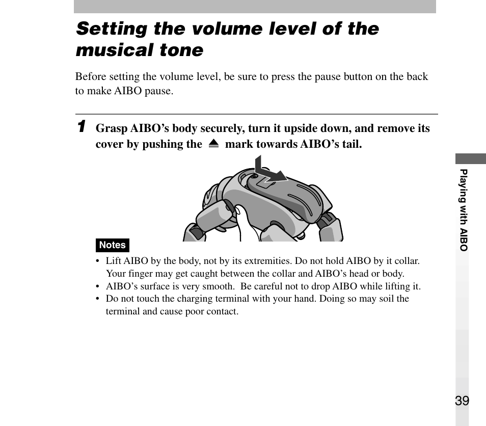 Setting the volume level of the musical tone | Sony AIBO ERS-31L User Manual | Page 39 / 64