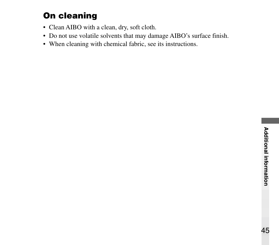 On cleaning | Sony AIBO ERS-31L User Manual | Page 45 / 64