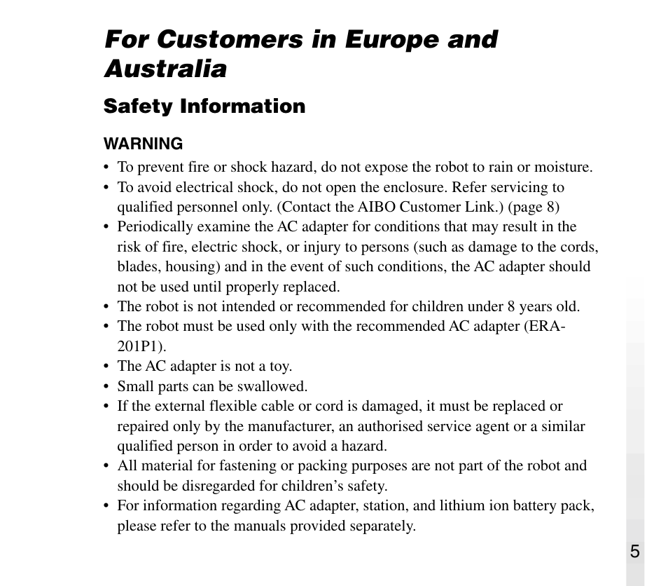 For customers in europe and australia, Safety information | Sony AIBO ERS-31L User Manual | Page 5 / 64