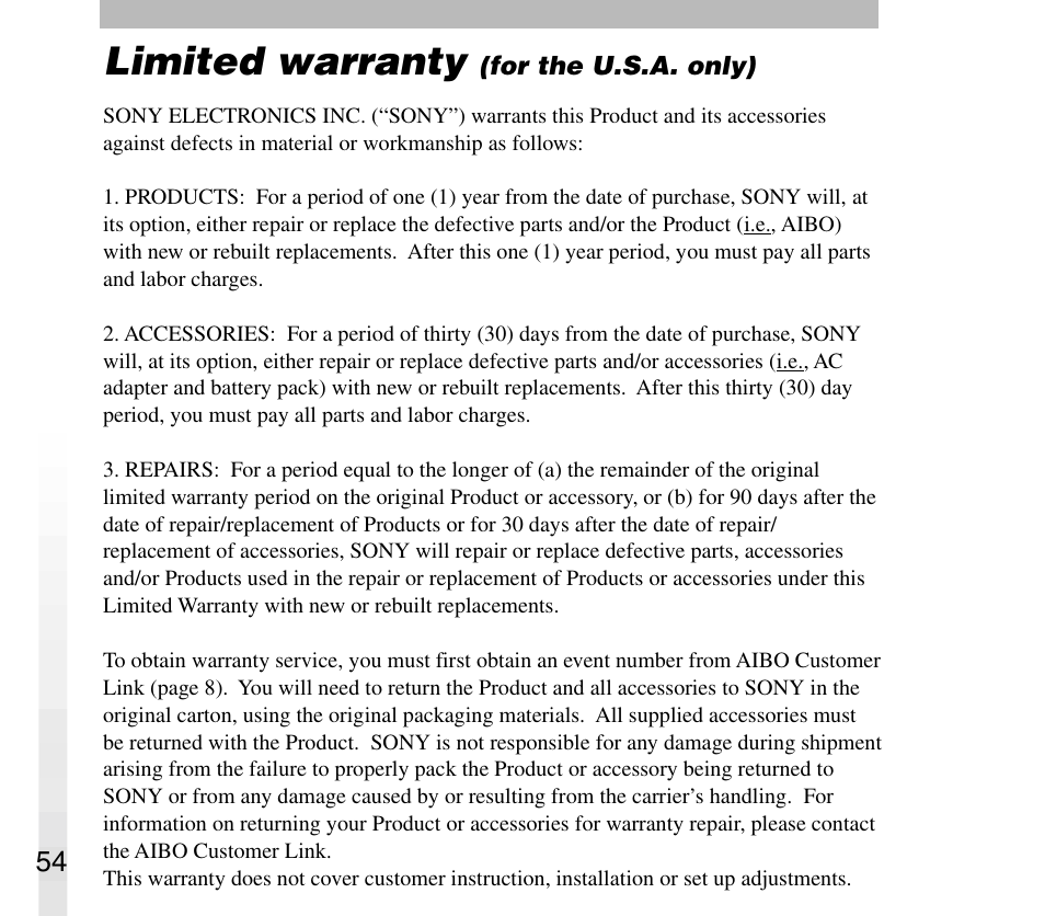 Limited warranty | Sony AIBO ERS-31L User Manual | Page 54 / 64