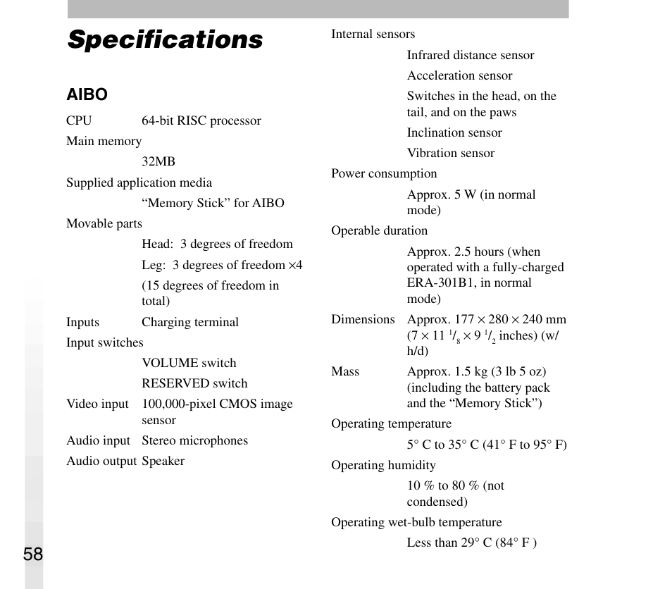 Specifications, Aibo | Sony AIBO ERS-31L User Manual | Page 58 / 64