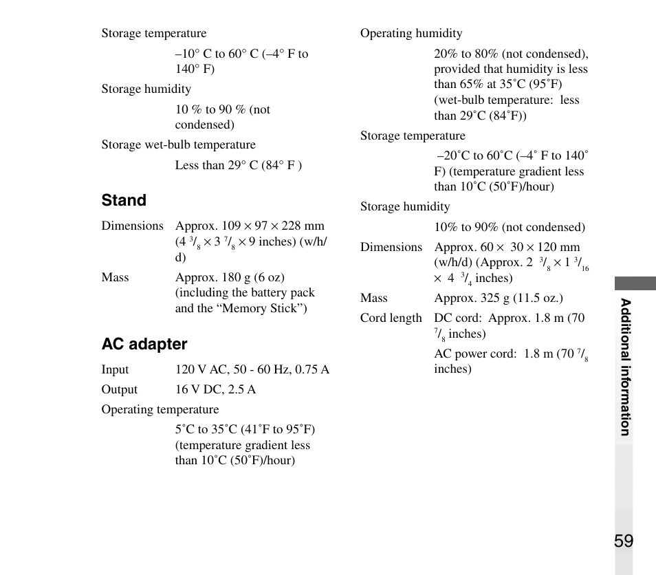 Stand, Ac adapter | Sony AIBO ERS-31L User Manual | Page 59 / 64