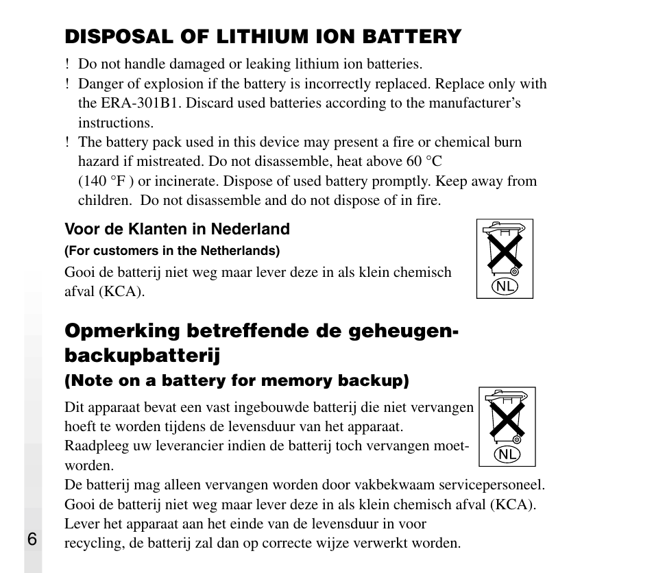 Disposal of lithium ion battery, Opmerking betreffende de geheugen- backupbatterij | Sony AIBO ERS-31L User Manual | Page 6 / 64