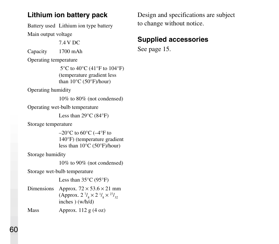 Lithium ion battery pack, Supplied accessories, See page 15 | Sony AIBO ERS-31L User Manual | Page 60 / 64