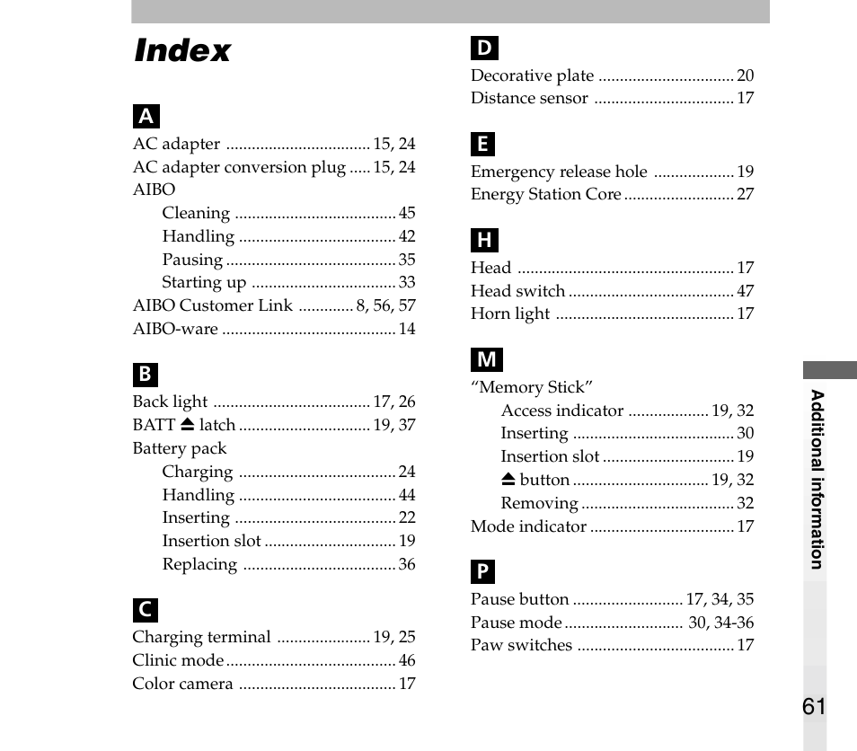 Index | Sony AIBO ERS-31L User Manual | Page 61 / 64