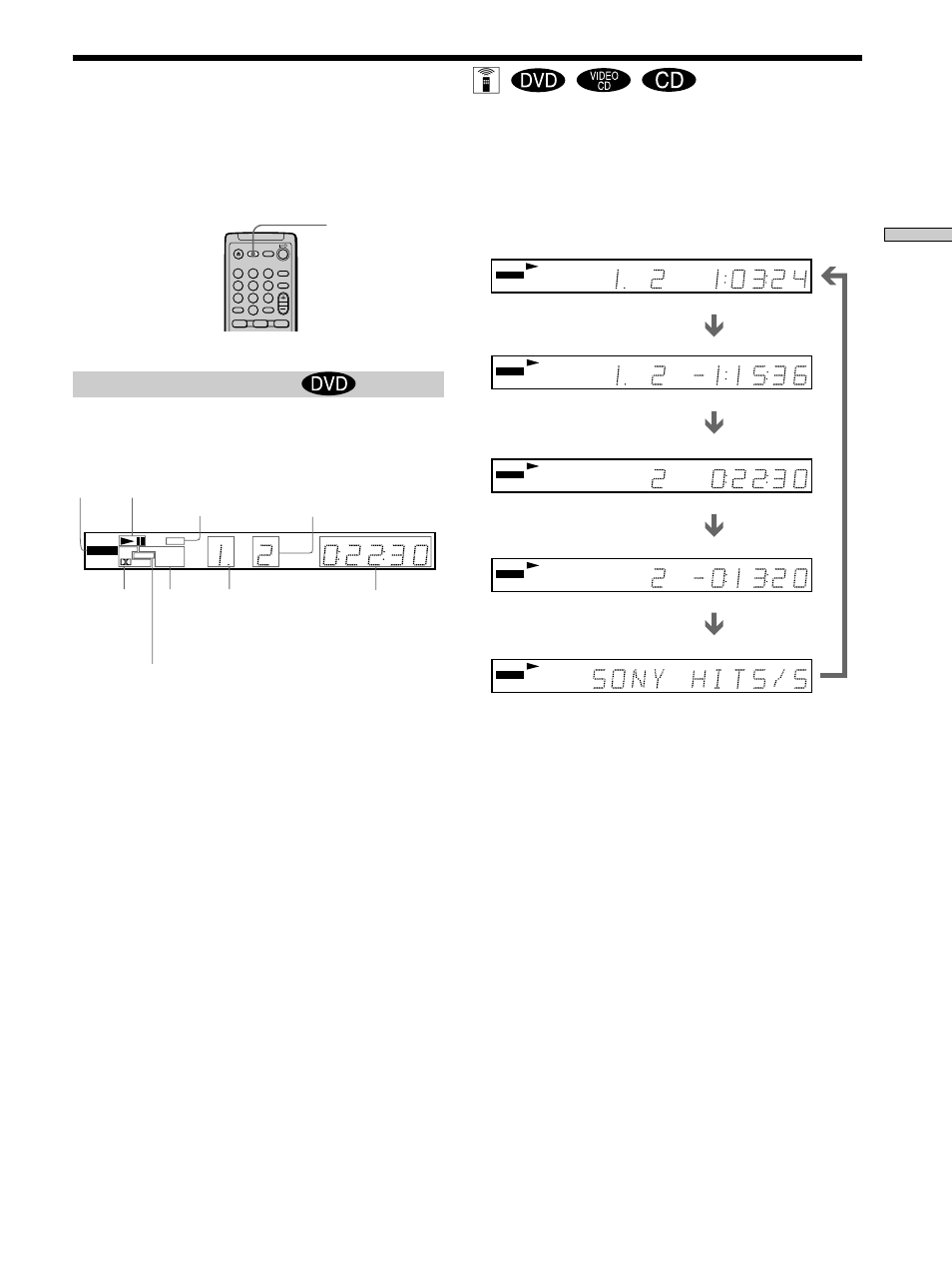 Using the front panel display, Tv hookups 8, Using the front panel display z | When playing back a dvd, Displaying information while playing the disc, Checking the remaining time press time/text | Sony DVP-K360 User Manual | Page 23 / 80