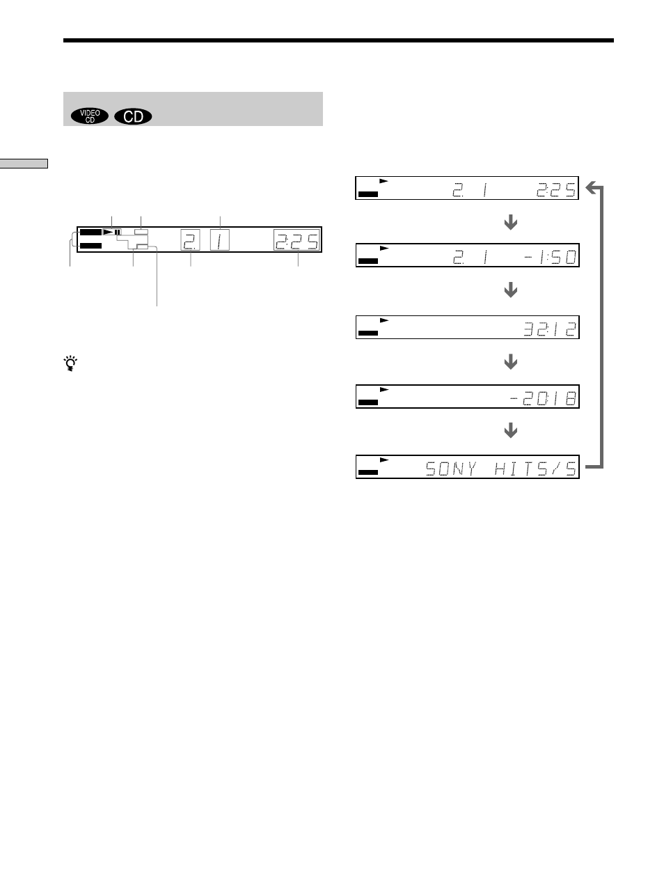 When playing back a cd/video cd, Using the front panel display, Displaying information while playing a disc | Sony DVP-K360 User Manual | Page 24 / 80