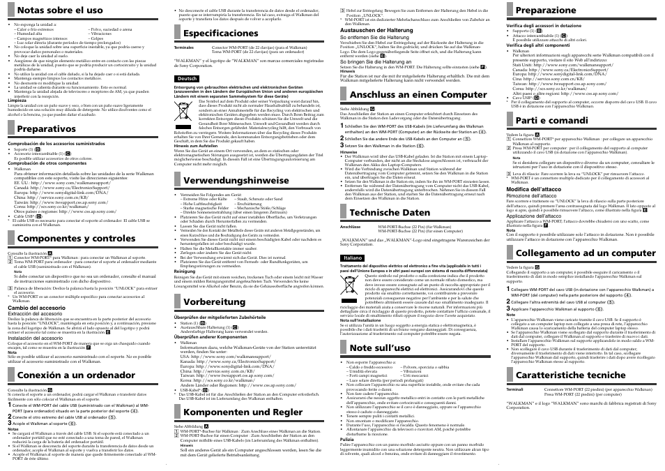 Notas sobre el uso, Preparativos, Componentes y controles | Conexión a un ordenador, Especificaciones, Verwendungshinweise, Vorbereitung, Komponenten und regler, Anschluss an einen computer, Technische daten | Sony BCR-NWS700 User Manual | Page 2 / 2