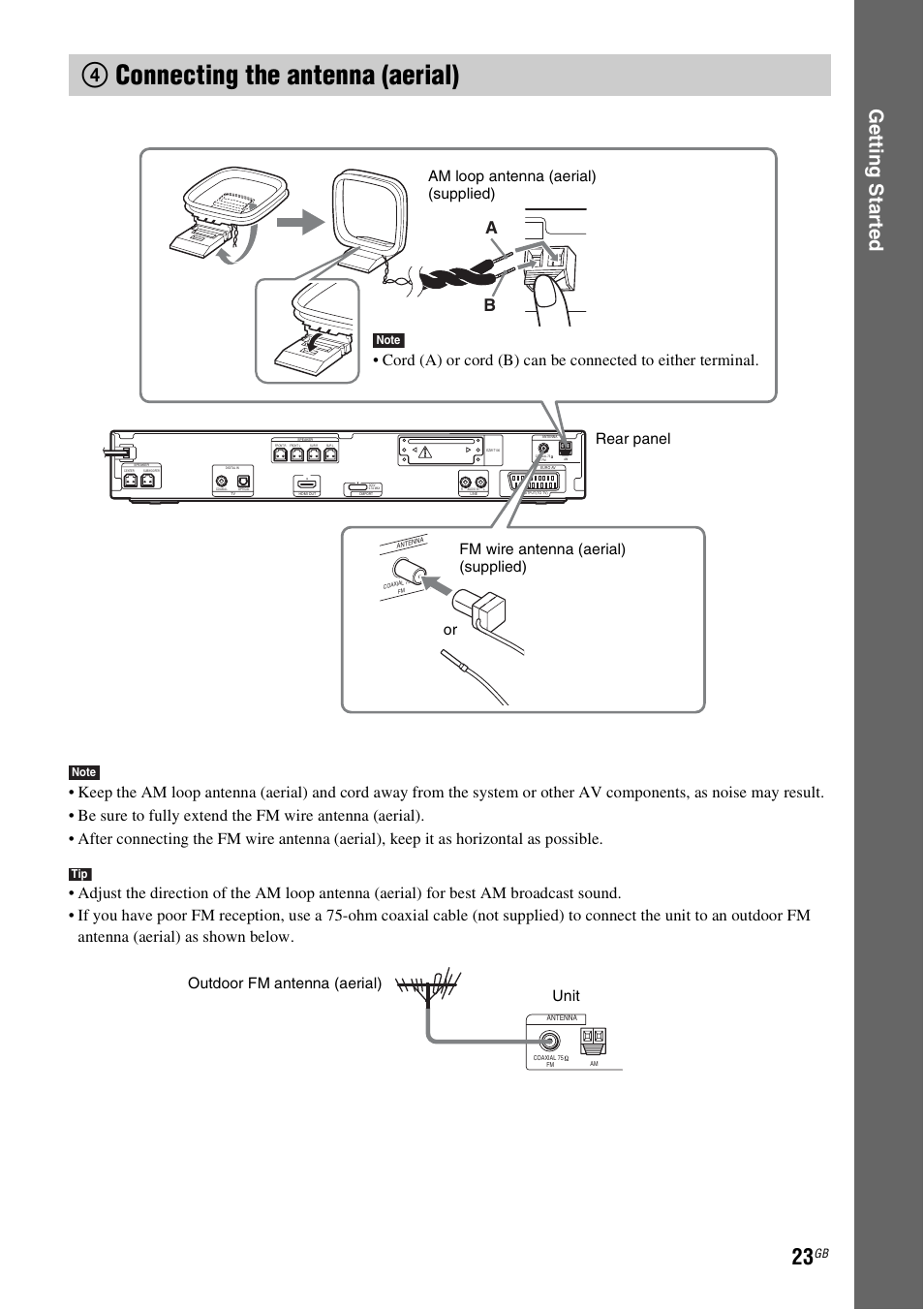 4 connecting the antenna (aerial), 4connecting the antenna (aerial), Ge tting star te d | Outdoor fm antenna (aerial) unit | Sony 3-285-995-11(1) User Manual | Page 23 / 116