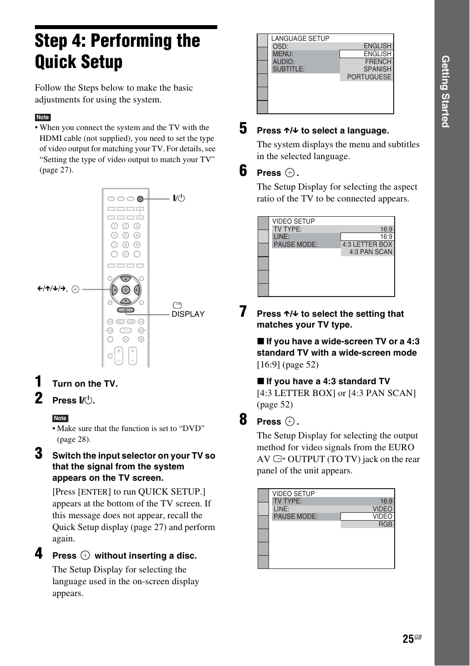 Step 4: performing the quick setup, Step 4: performing the quick, Setup | Sony 3-285-995-11(1) User Manual | Page 25 / 116