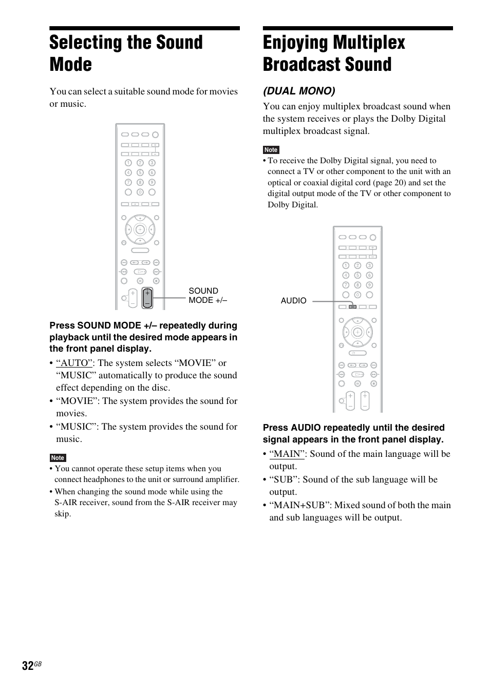 Selecting the sound mode, Enjoying multiplex broadcast sound | Sony 3-285-995-11(1) User Manual | Page 32 / 116