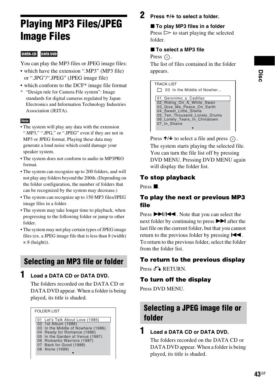 Playing mp3 files/jpeg image files, Selecting an mp3 file or folder, Selecting a jpeg image file or folder | Sony 3-285-995-11(1) User Manual | Page 43 / 116