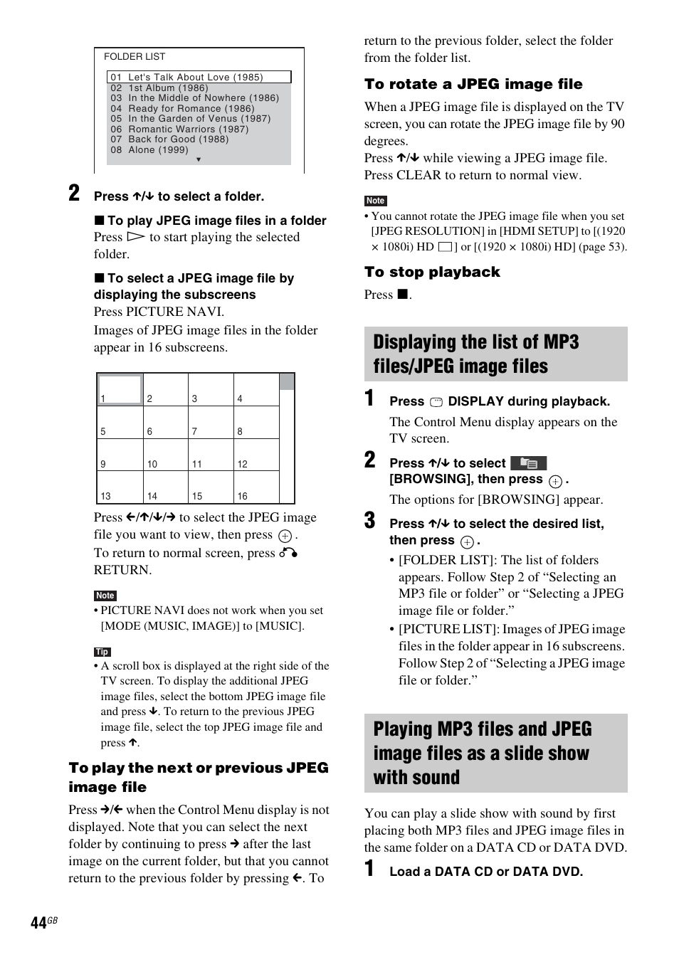 Displaying the list of mp3 files/jpeg image files | Sony 3-285-995-11(1) User Manual | Page 44 / 116
