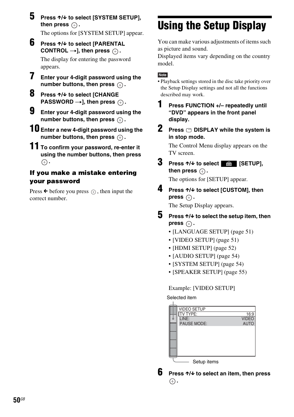 Using the setup display, Using | Sony 3-285-995-11(1) User Manual | Page 50 / 116