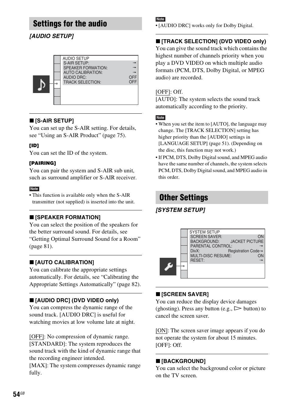 Settings for the audio, Other settings | Sony 3-285-995-11(1) User Manual | Page 54 / 116