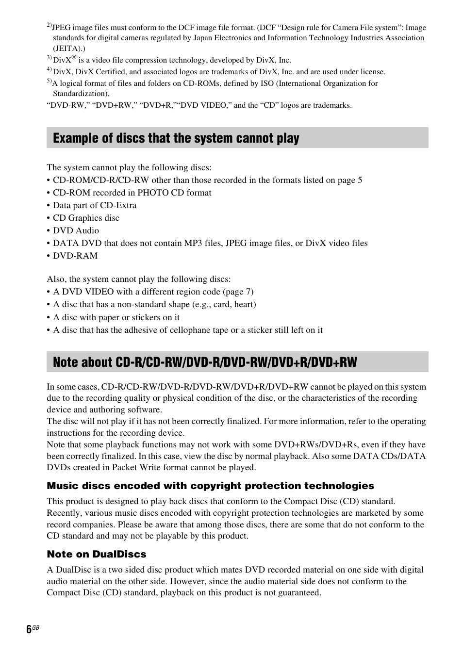 Example of discs that the system cannot play, Note about cd-r/cd-rw/dvd-r/dvd-rw/dvd+r/dvd+rw | Sony 3-285-995-11(1) User Manual | Page 6 / 116