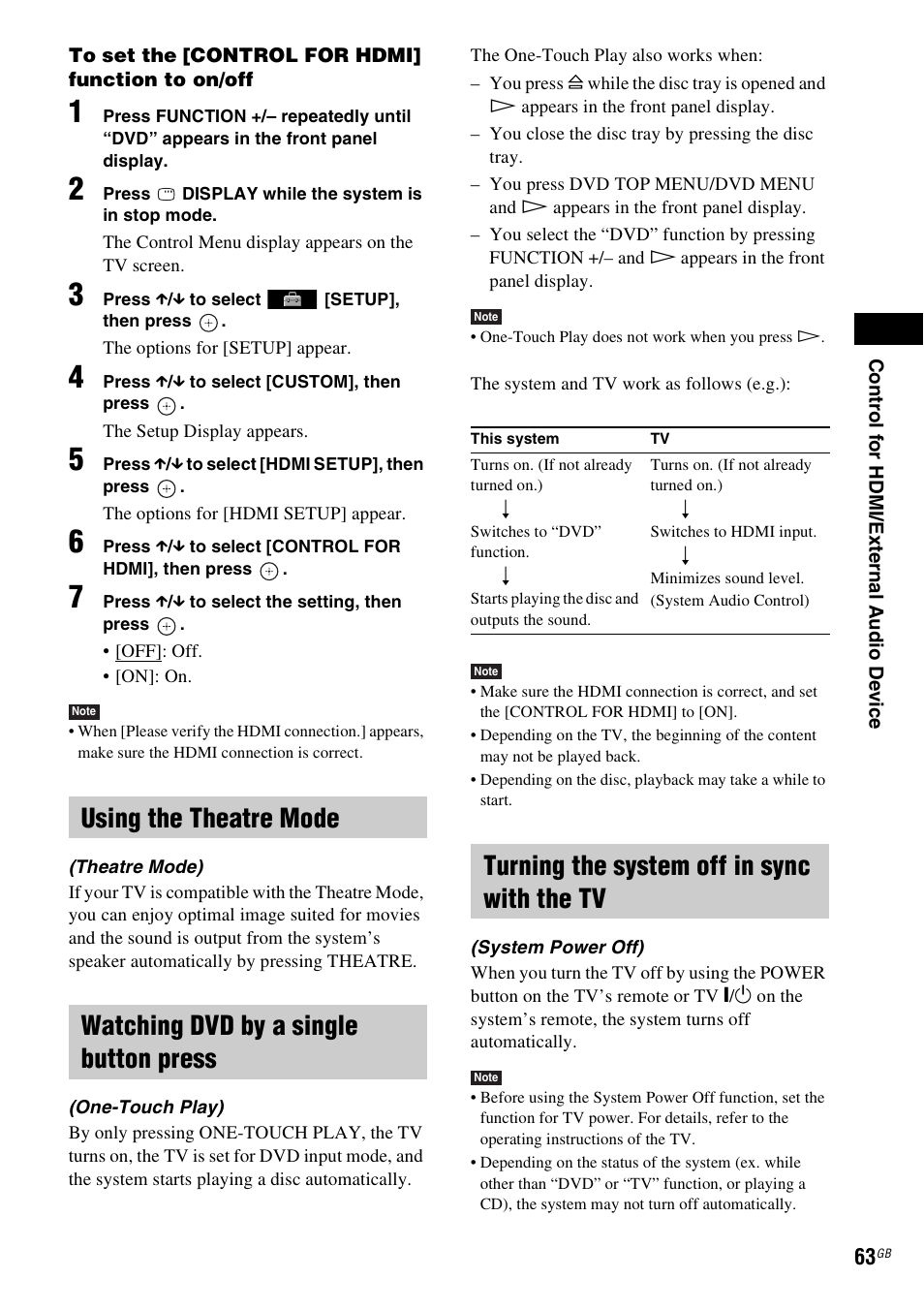 Using the theatre mode, Watching dvd by a single button press, Turning the system off in sync with the tv | Sony 3-285-995-11(1) User Manual | Page 63 / 116