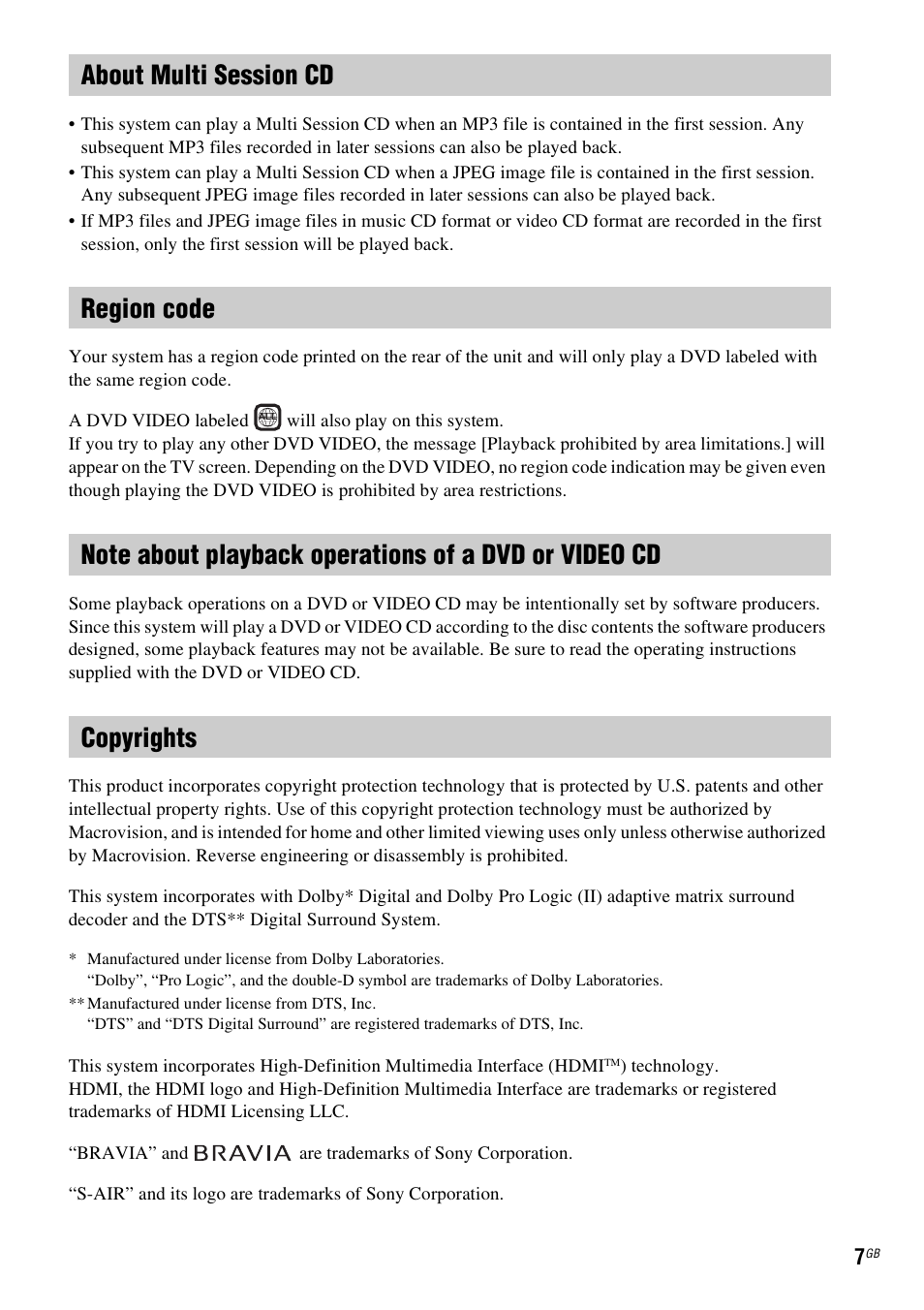 About multi session cd, Region code, Copyrights | Sony 3-285-995-11(1) User Manual | Page 7 / 116